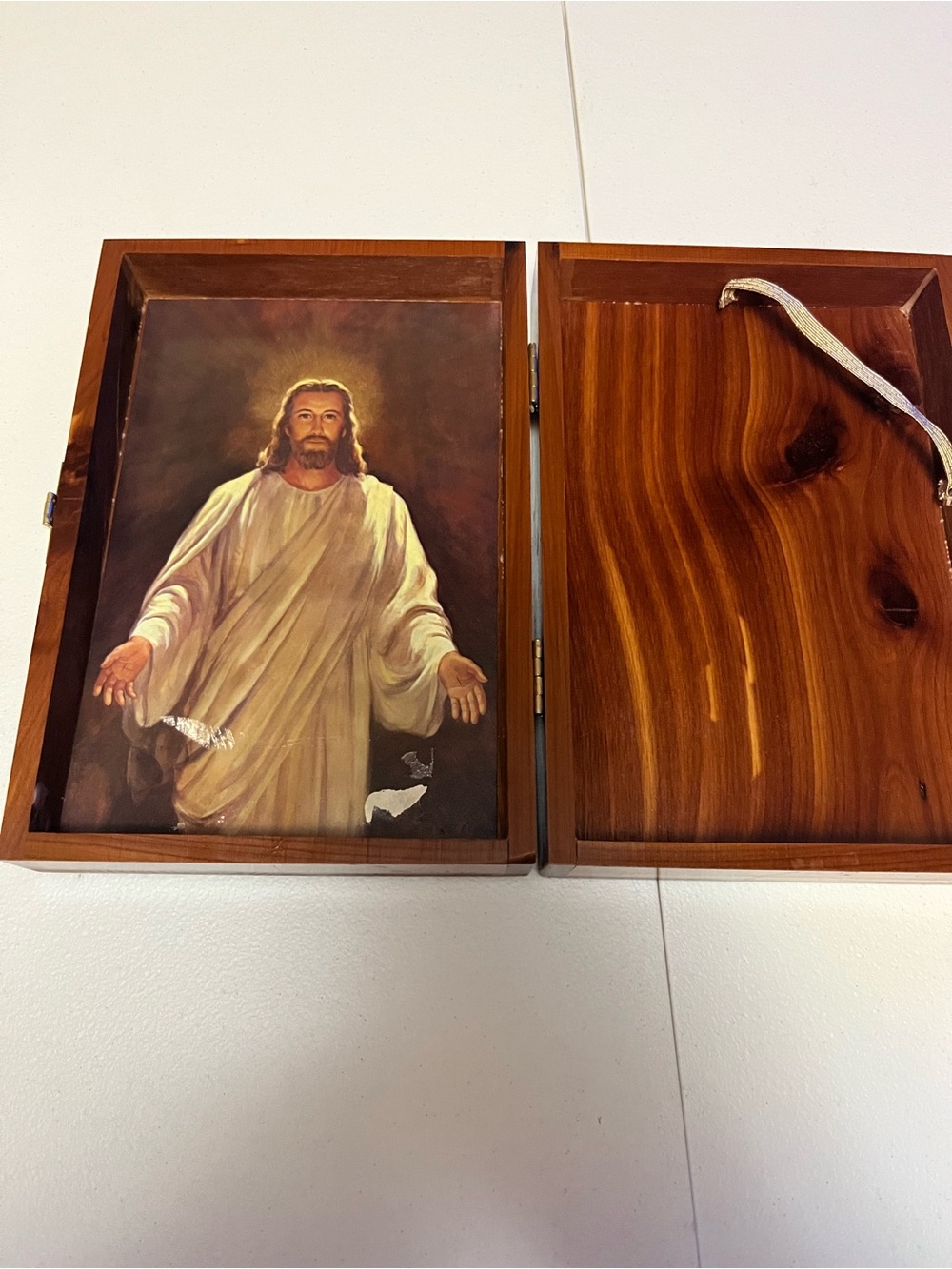 Religious Wood Box with Jesus Print - Brown holy bible cedar box red letter edit
